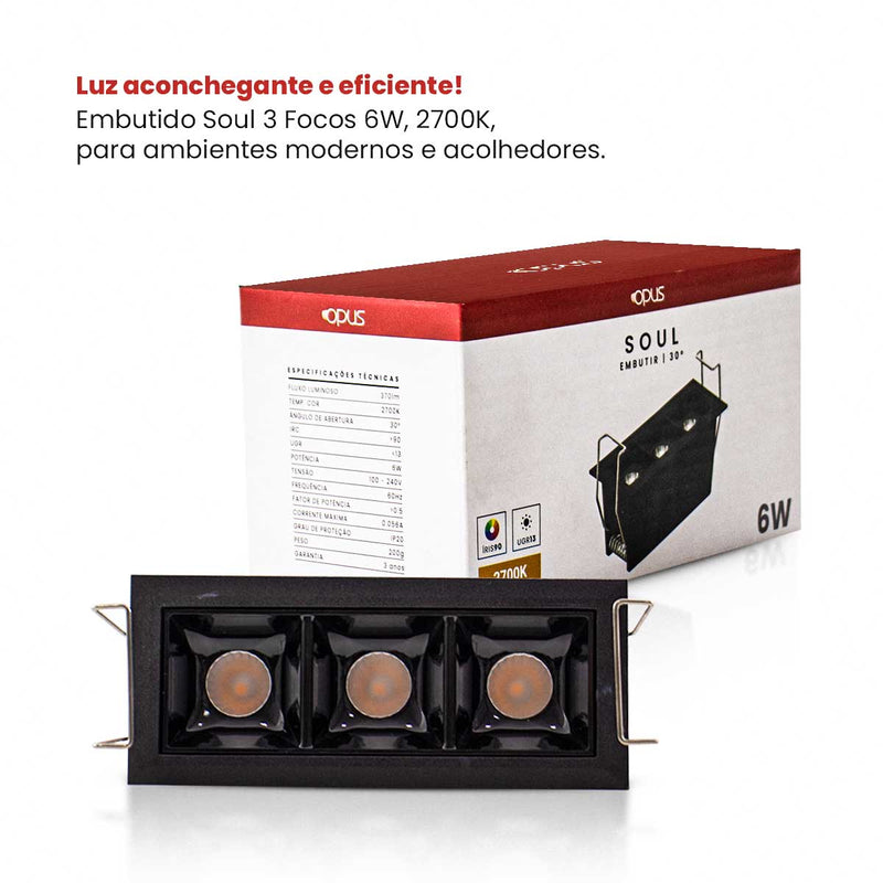 Spot Soul Embutir 3 Focos 30° 6W Luz Quente 2700k PRO 87784 Opus ST3050
