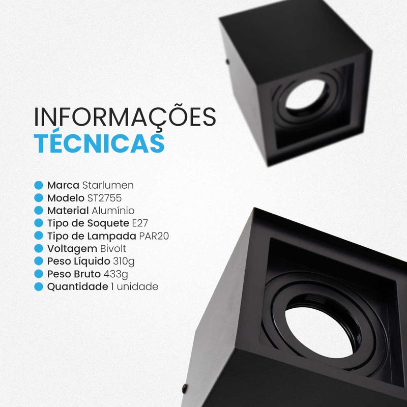 Plafon Spot Sobrepor Teto Box Preto P/ PAR20 Starlumen ST2755