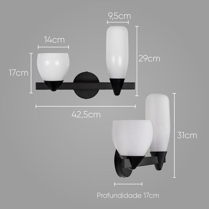 Arandela Akemi Preto com 2 Cúpulas de Vidro para 2 LED G9 VL017-BK Starlux ST2534