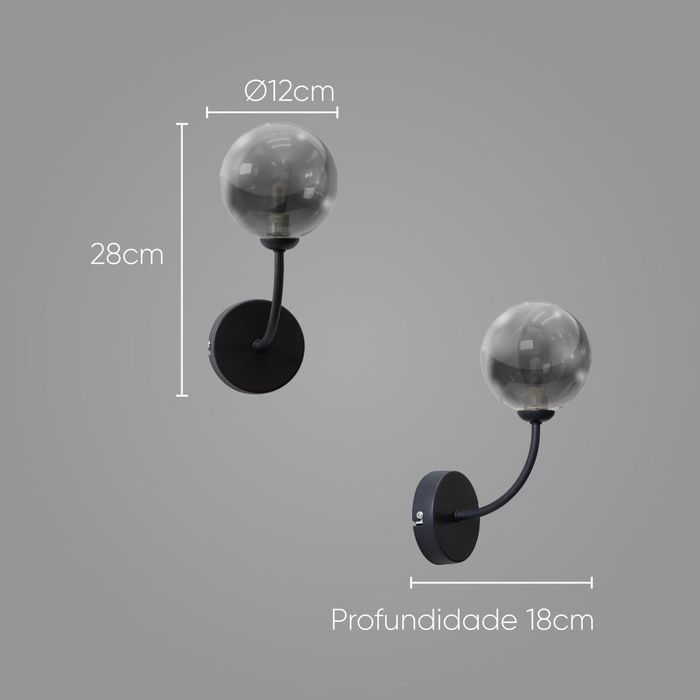 Arandela Grape Preto Fosco e Smoky Globo Vidro para G9 ZR112-SKY Starlux ST2628