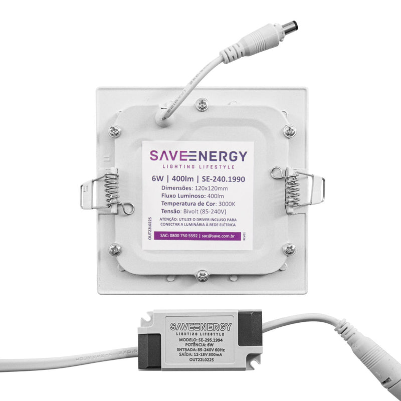 Luminária LED Embutir 6W 3000K SaveEnergy Branca 400lm Quadrada ST434