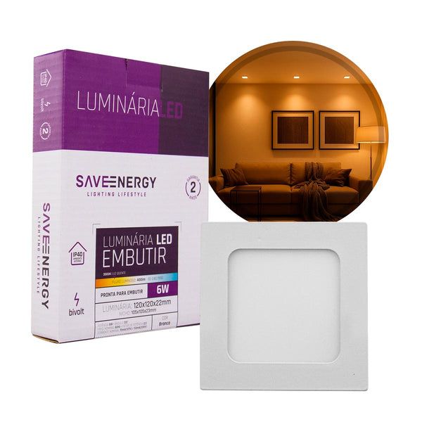 Luminária LED Embutir 6W 3000K SaveEnergy Branca 400lm Quadrada ST434