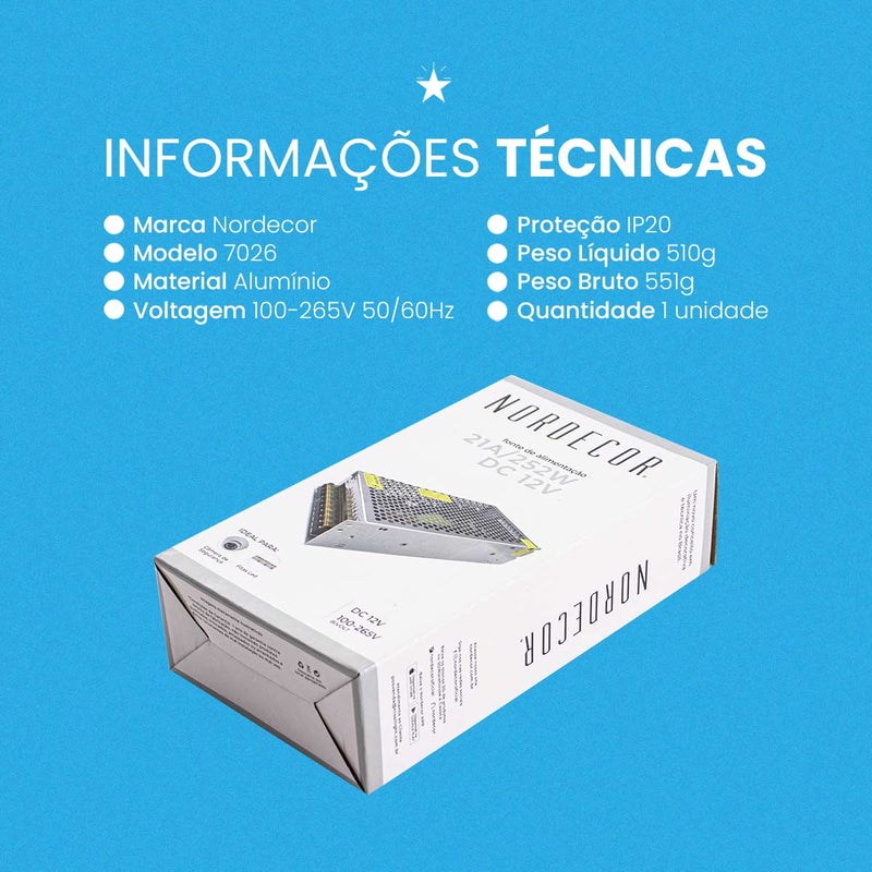 Fonte de Alimentação Chaveada 12V 252W 21A Bivolt 7026 Nordecor ST3126