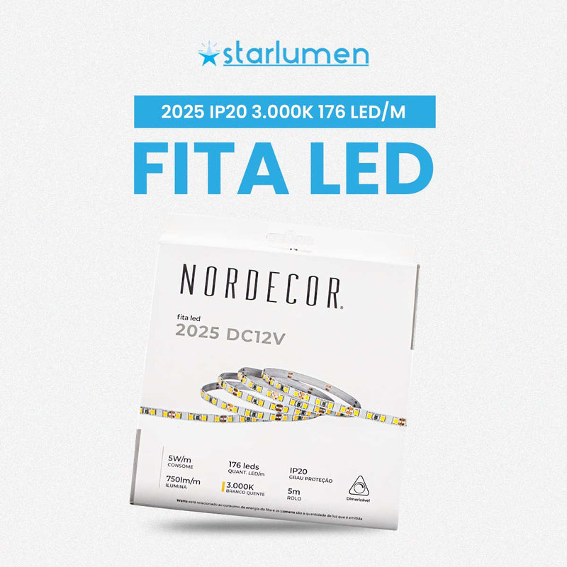 Fita LED 5M 2025 12V 5W/M 3000k 176LEDs/M 750lm/M IP20 7168 Nordecor ST3151