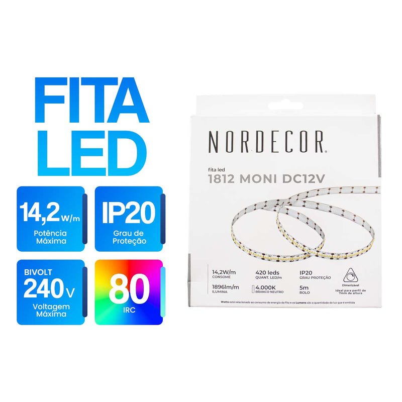 Fita LED 1812 Moni 12V 5M 4000K 14,2W/M 420LEDS/M 7172 Nordecor ST3157