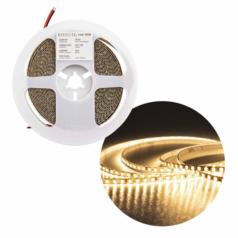 Fita LED 5M 2835 12V 20W/M 3000K 2280LM/M 240LED/M IP20 7008 Nordecor ST3162