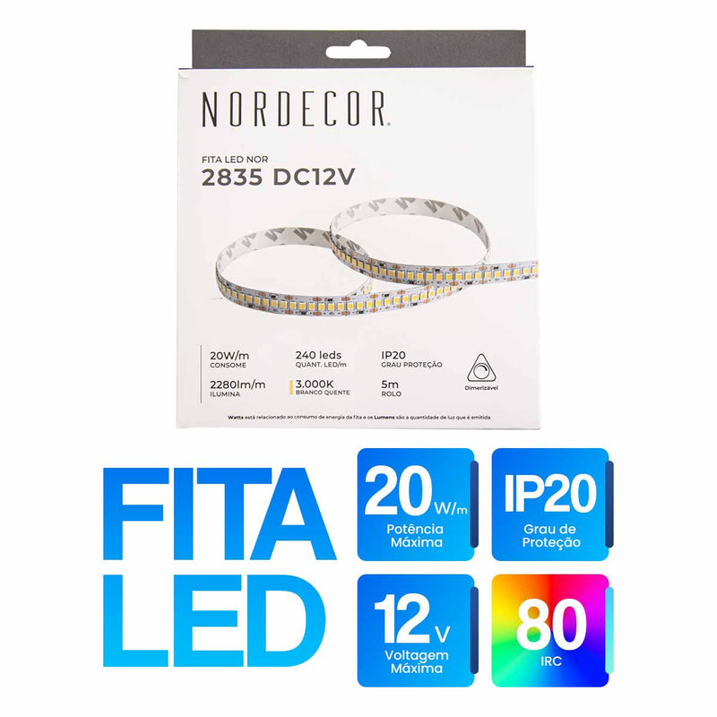 Fita LED 5M 2835 12V 20W/M 3000K 2280LM/M 240LED/M IP20 7008 Nordecor ST3162