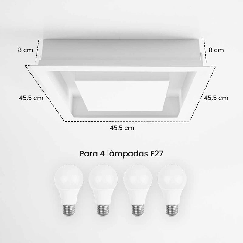 Plafon de Embutir Teto Quadrado Luz Indireta 45cm P/ 4 E27 ST1215