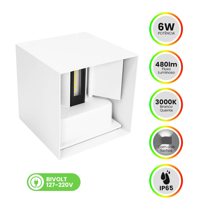 Arandela LED 6W Navi Cubo 2 Fachos 0 a 90° 3000K Branco Externa ST3242
