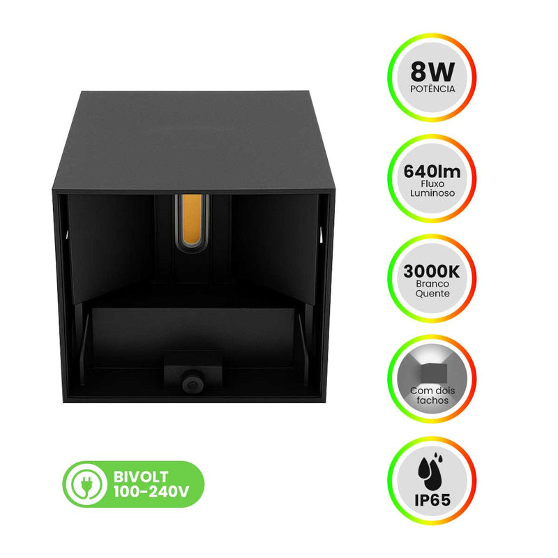 Arandela LED 8W Navi Cubo 2 Fachos 0 a 90° 3000K Preta Externa ST3242