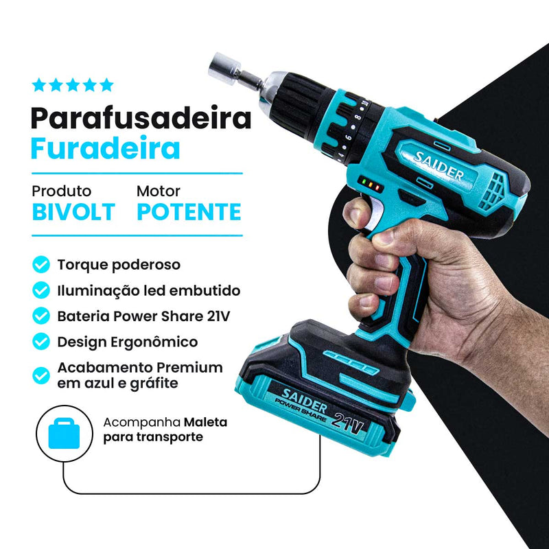 Parafusadeira Furadeira de Impacto 10mm s/ Fio 21V 35NM + 2 Baterias Saider SA0002