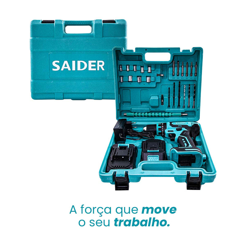 Parafusadeira Furadeira de Impacto 10mm s/ Fio 21V 35NM + 2 Baterias Saider SA0002