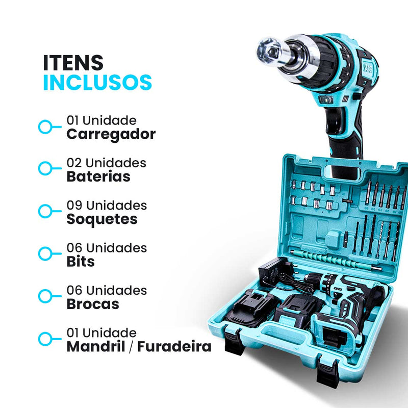 Parafusadeira Furadeira de Impacto 10mm s/ Fio 21V 35NM + 2 Baterias Saider SA0002