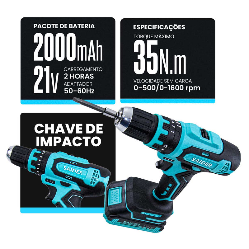 Parafusadeira Furadeira de Impacto 10mm s/ Fio 21V 35NM + 2 Baterias Saider SA0002