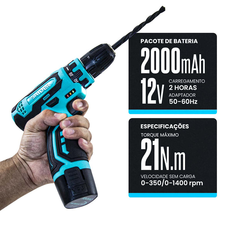 Parafusadeira e Furadeira 10mm Elétrica s/ Fio 12V 21NM Saider SA0001
