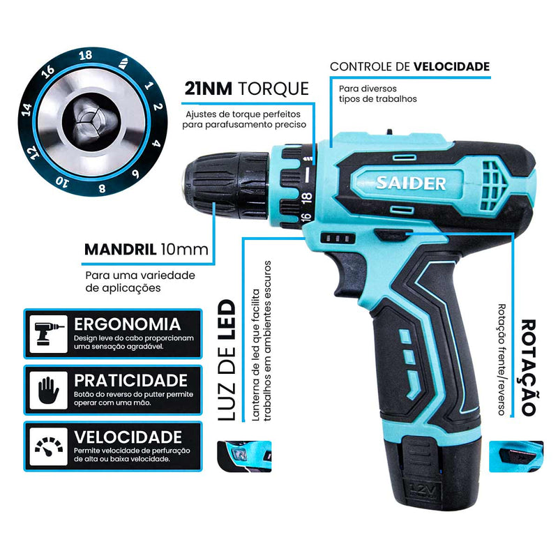 Parafusadeira e Furadeira 10mm Elétrica s/ Fio 12V 21NM Saider SA0001