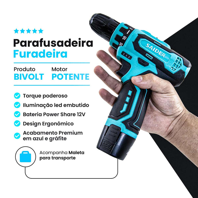Parafusadeira e Furadeira 10mm Elétrica s/ Fio 12V 21NM Saider SA0001