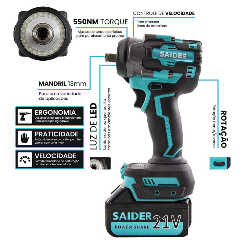 Parafusadeira Chave de Impacto 21V S/ Fio 550NM Saider SA0004 + 2 Baterias