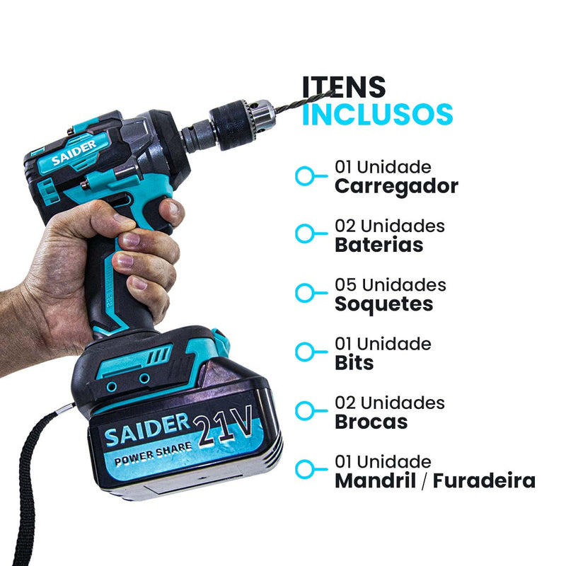 Parafusadeira Chave de Impacto 21V S/ Fio 550NM Saider SA0004 + 2 Baterias