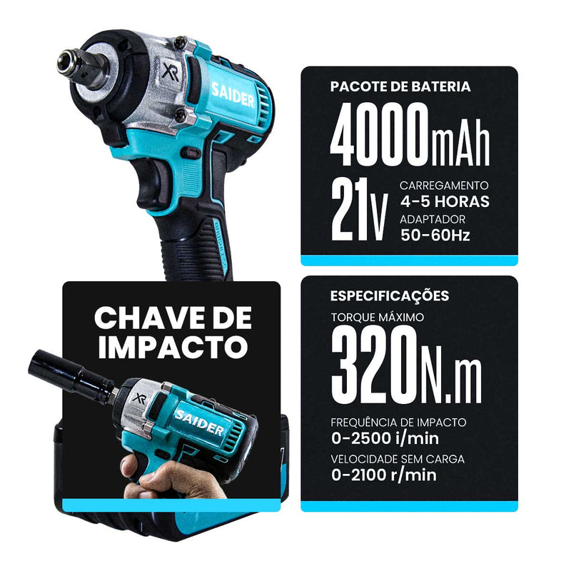 Parafusadeira Chave de Impacto 21V S/ Fio 320NM Saider SA0003 + 2 Baterias
