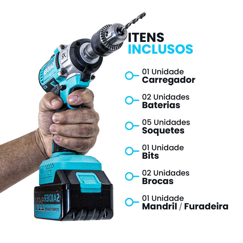 Parafusadeira Chave de Impacto 21V S/ Fio 320NM Saider SA0003 + 2 Baterias