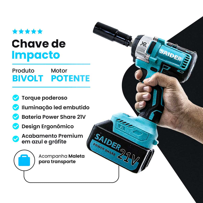 Parafusadeira Chave de Impacto 21V S/ Fio 320NM Saider SA0003 + 2 Baterias