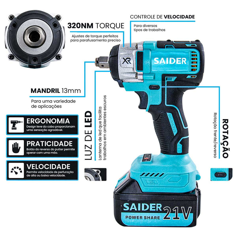 Parafusadeira Chave de Impacto 21V S/ Fio 320NM Saider SA0003 + 2 Baterias