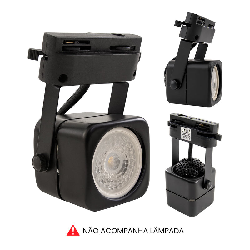 Spot de Trilho Quadrado Preto Foco Direcionável p/ LED MR16 DS2362 Delis ST3240
