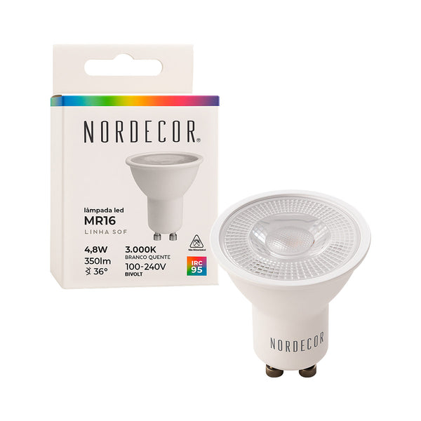 Lâmpada LED Sof MR16 4,8W GU10 3000K IRC95 Bivolt 1120 Nordecor ST2277
