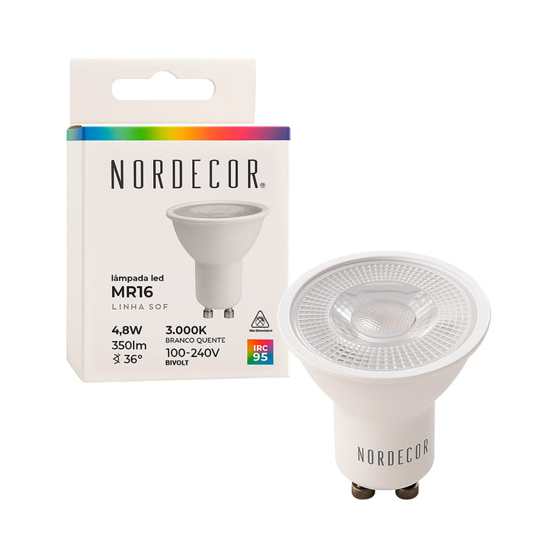 Lâmpada LED Sof MR16 4,8W GU10 3000K IRC95 Bivolt 1120 Nordecor ST2277