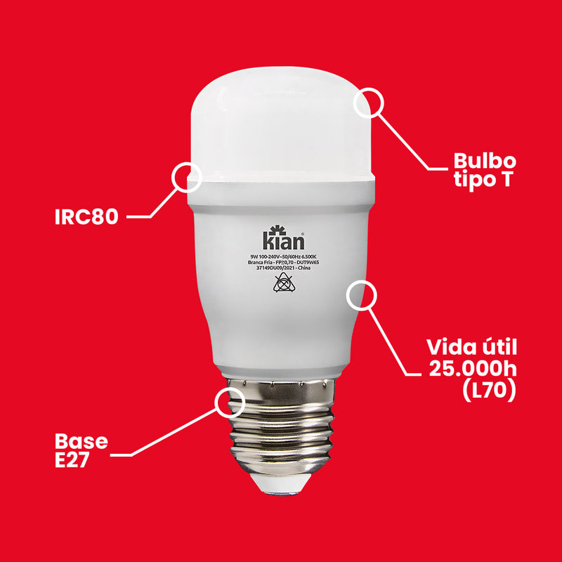 Lâmpada LED Mini T 9W Compacta 6500k Omnidirecional 360° Kian ST9006