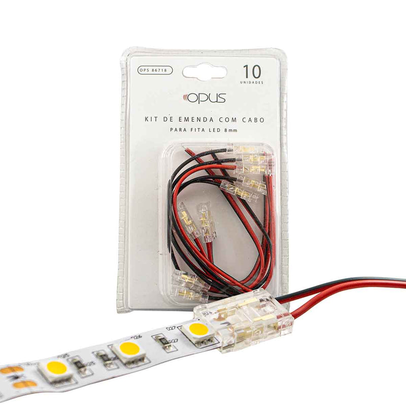 Kit Emenda Com Cabo c/ 10 Unidades de Policarbonato p/ Fita LED 8 ou 10 mm Opus ST3084