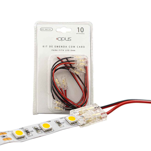 Kit Emenda Com Cabo c/ 10 Unidades de Policarbonato p/ Fita LED 8 ou 10 mm Opus ST3084