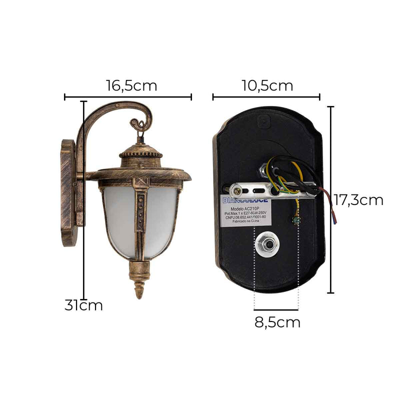 Arandela Colonial Toulouse Ouro Velho p/ 1xE27 Externa AC210P Biancoluce ST3002-Biancoluce-Starlumen