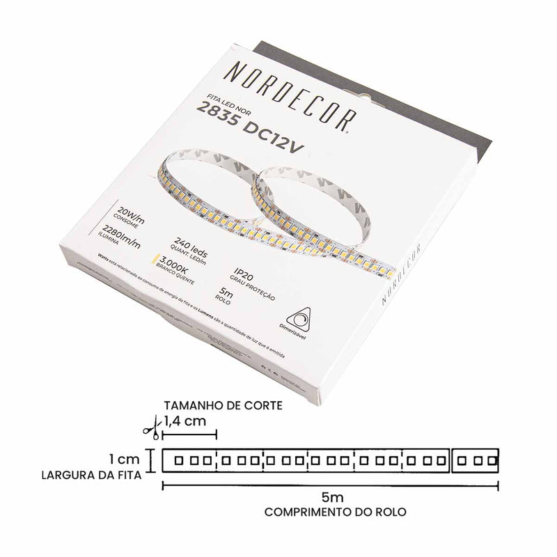 Fita LED 5M 2835 12V 20W/M 3000K 2280LM/M 240LED/M IP20 7008 Nordecor ST3162-Nordecor-Starlumen