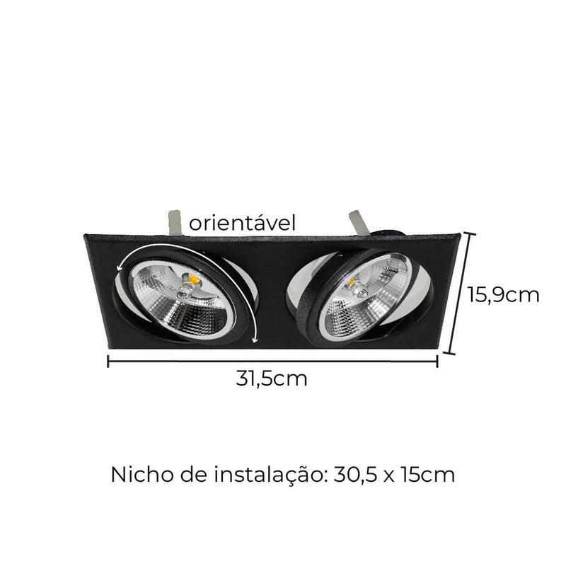 Spot de Embutir Light Duplo Preto p/ 2 LEDs AR111 GU10 Falge ST2999
