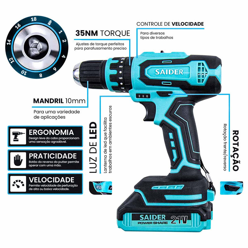 Parafusadeira Furadeira de Impacto 10mm s/ Fio 21V 35NM + 2 Baterias Saider SA0002-Saider-Starlumen