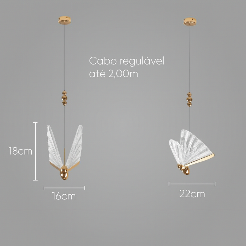 Pendente Borboleta LED 6W 3 Cores Dourado Luminária de Teto Infantil LUS-114 ST3136