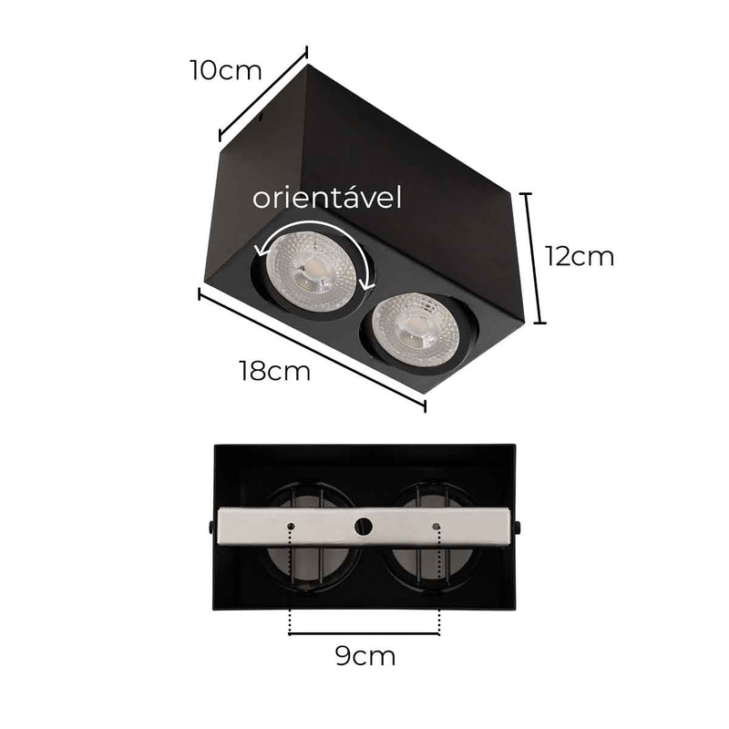 Plafon Sobrepor Box 18x10cm Duplo Preto p/ 2 PAR20 E27 BellaLUX ST3049-BellaLUX-Starlumen