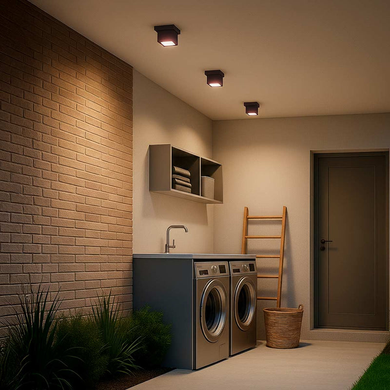 Plafon Spot Box Lexy Sobrepor de Teto Starlumen 1 Facho 1xGU10 Interno e Externo ST3070 AMBIENTADA MARROM LAVANDERIA EXTERNA