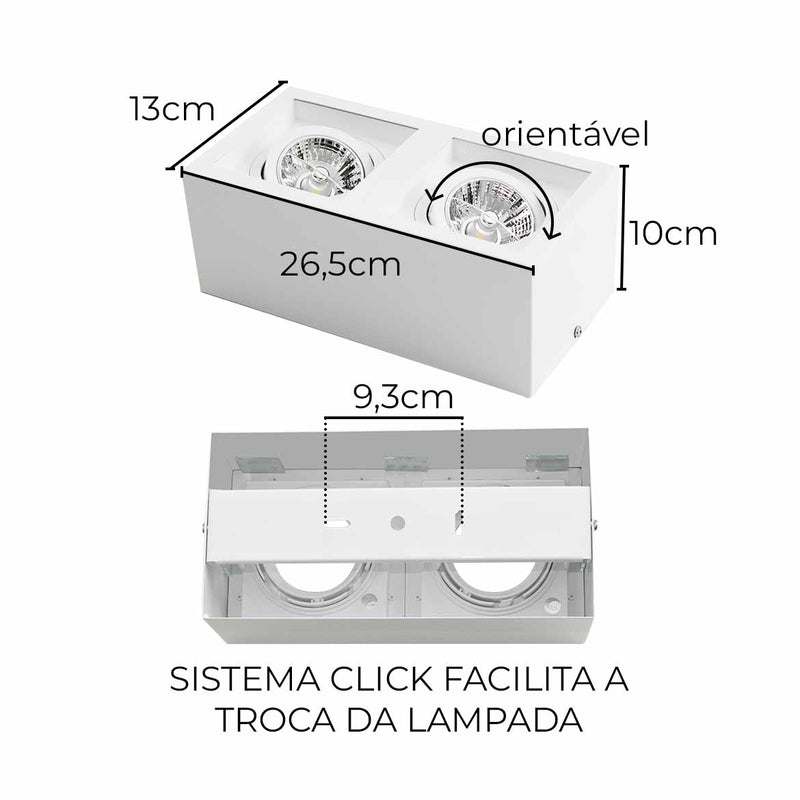 Plafon Spot Sobrepor Box Duplo Branco p/ 2xAR70 Starlumen ST2943