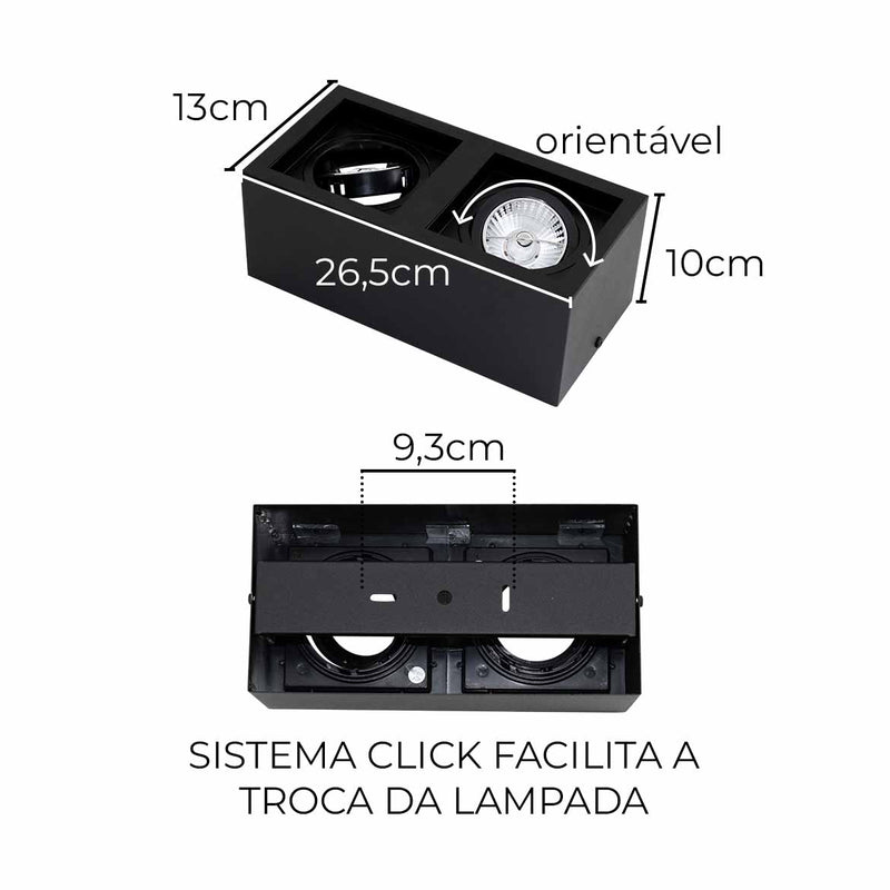 Plafon Spot Sobrepor Box Duplo Preto p/ 2xAR70 Starlumen ST2943