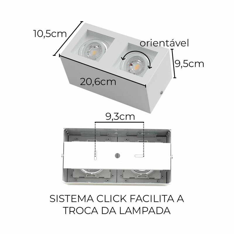Plafon Spot Sobrepor Box Duplo Branco p/ 2x MR16 Starlumen ST2945