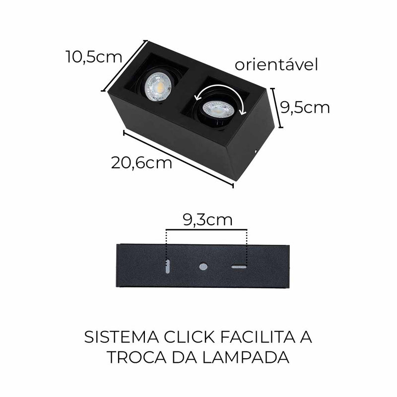 Plafon Spot Sobrepor Box Duplo Preto p/ 2x MR16 Starlumen ST2945