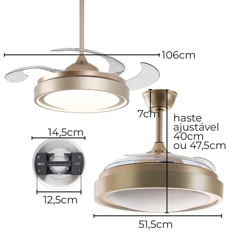 Plafon LED Air Gold Multicor C/ Ventilador 4 Pás Retráteis 60W 85599 / 88378 OPUS ST2915