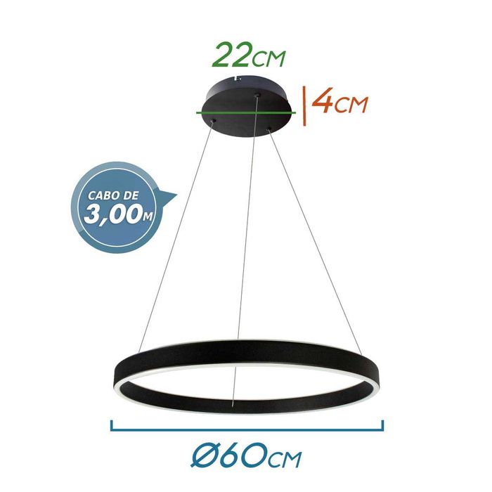 Lustre Pendente Halo Anel de LED 60cm 64W Pé Direito Duplo 34355 St1477 -Preto