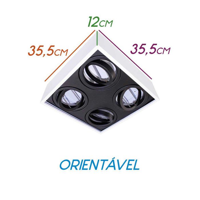 Plafon Spot Branco com Preto Quadrado 35x35 Sobrepor 4x Gu10 P/ Ar111 4504/35 BT/PT ST1578