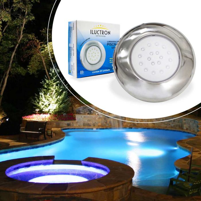 Luminária Piscina Led Smd Ø125mm Cromada 18w Luz Azul 50065 St1089