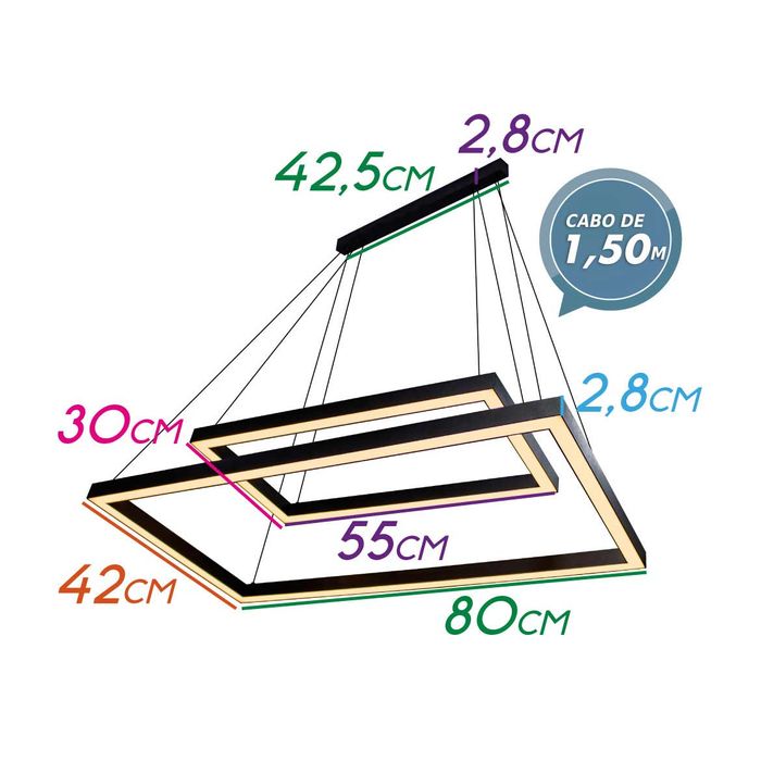 Pendente Lustre Fit Led 44w 2 Retângulos Sobrepostos Moderno Clean Minimalista 747LED3-PT St1341