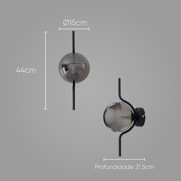 Arandela Malu Preto Fosco e Smoky ZR129 15xh44cm para G9 Globo Vidro Starlux ST2597
